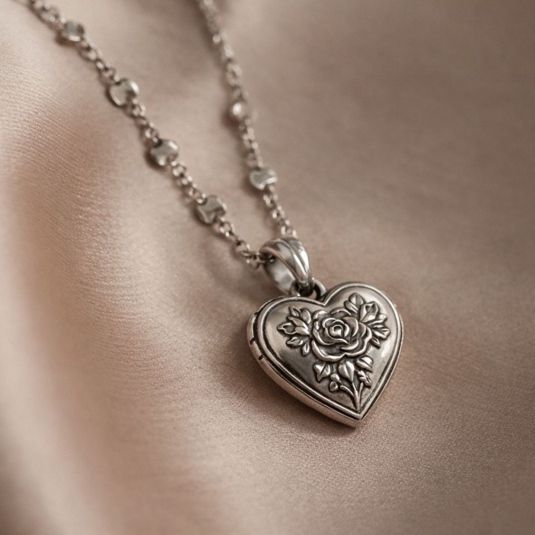 Vintage Sølv Hjerte Medaljon Halskæde med Rosegravering