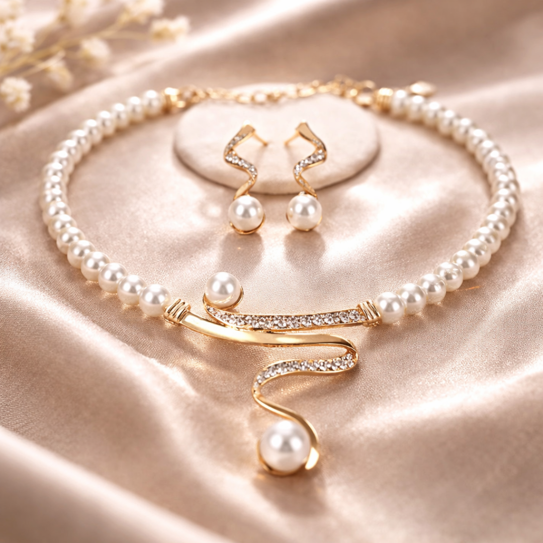 Guld Halskæde og Øreringe med Naturlige Perler og Zirkonia