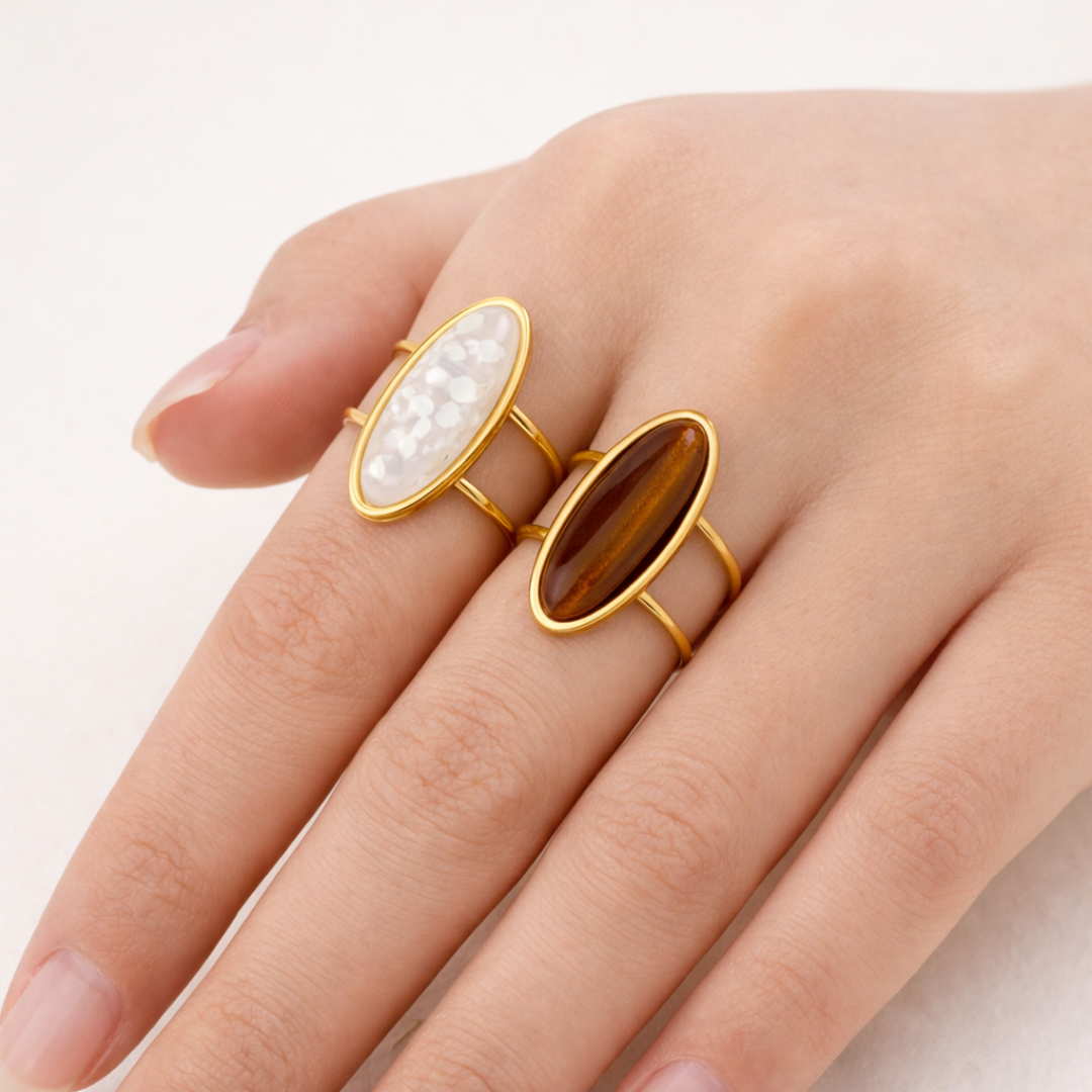 Boheme Ring Sæt i Guld med Natursten – Hvid Agat & Tigerøje Look