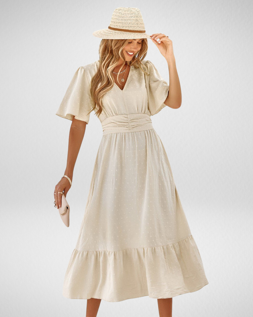 Elvora™ | Lang kjole med V-hals og korte ermer - Lett og elegant