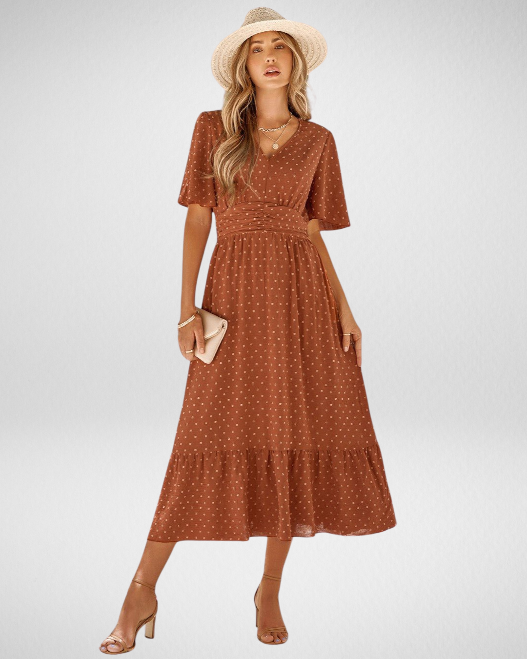 Elvora™ | Lang kjole med V-hals og korte ermer - Lett og elegant