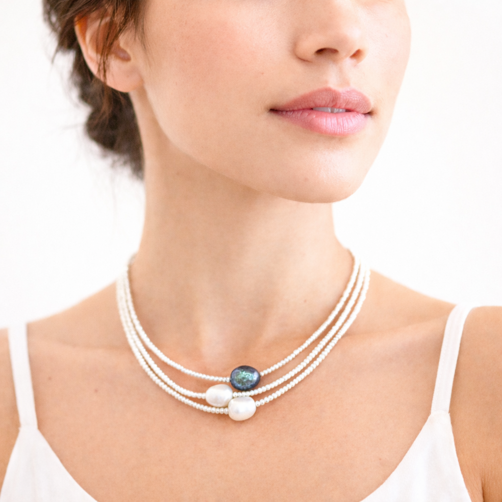 Elegant 3-Rækket Ferskvandsperle Halskæde med Tahiti Perle – Luksus Lagdelt Perle Choker med Tidløs Glød