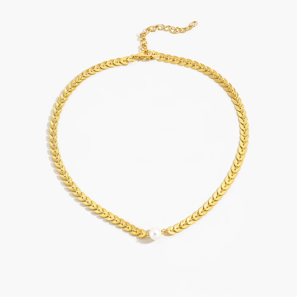 Elegant Guld Bladkæde Halskæde med Perle – Luksuriøs Kort Choker til Kvinder