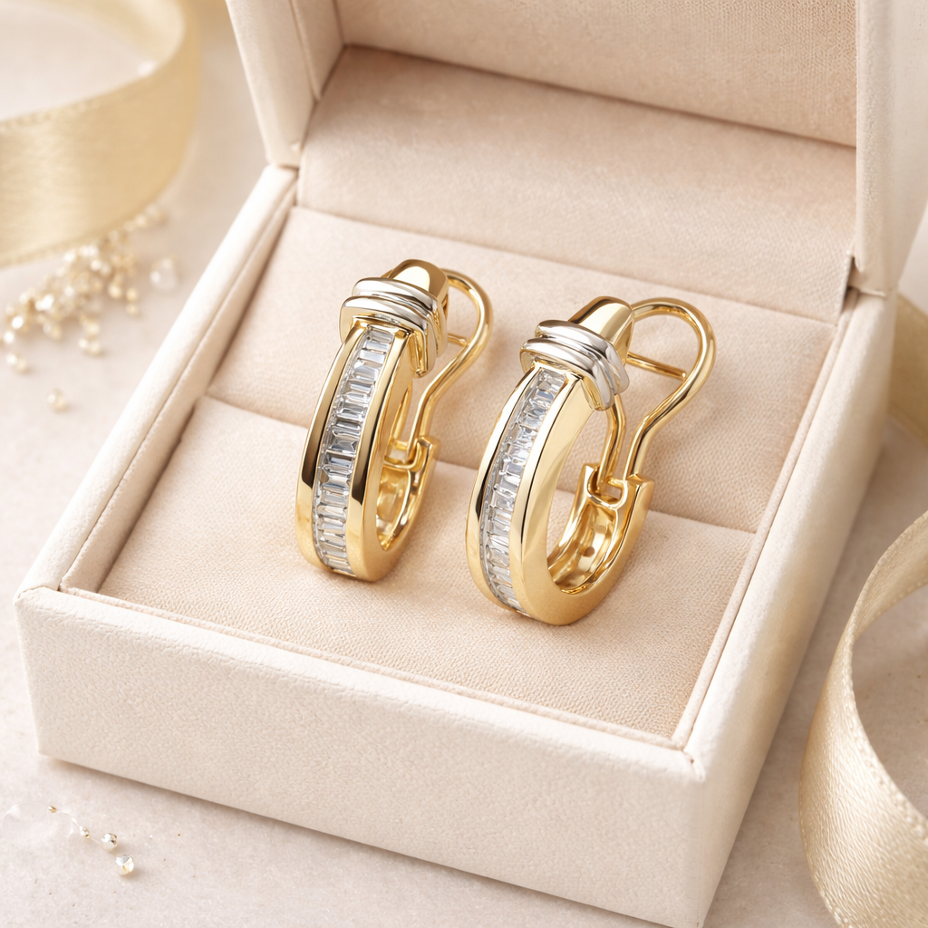 Guld Hoop Øreringe med Baguette Zirkonia To Tone Luksuriøse Dame Øreringe