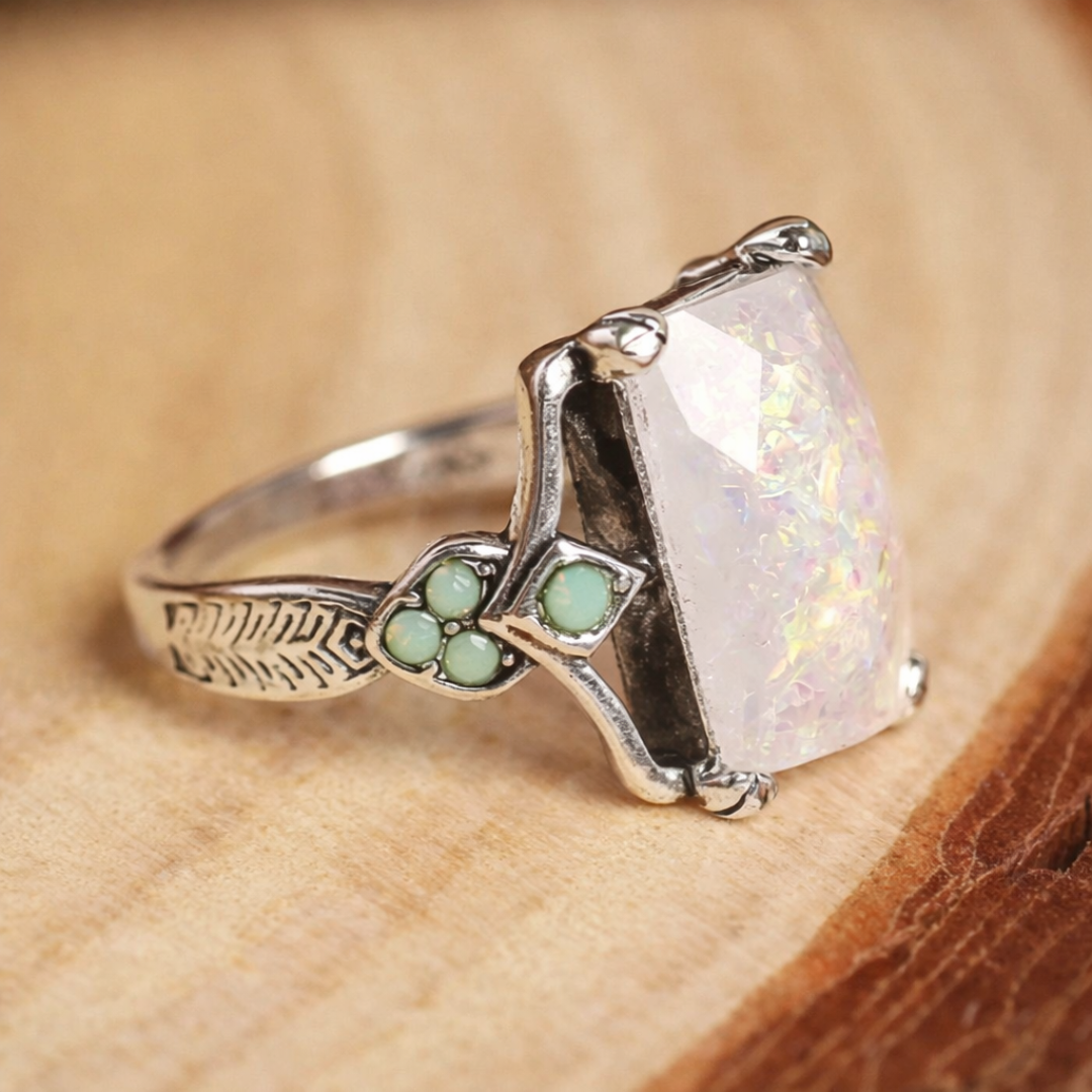 Vintage Sølv Ring med Opaal og Grønne Detaljer