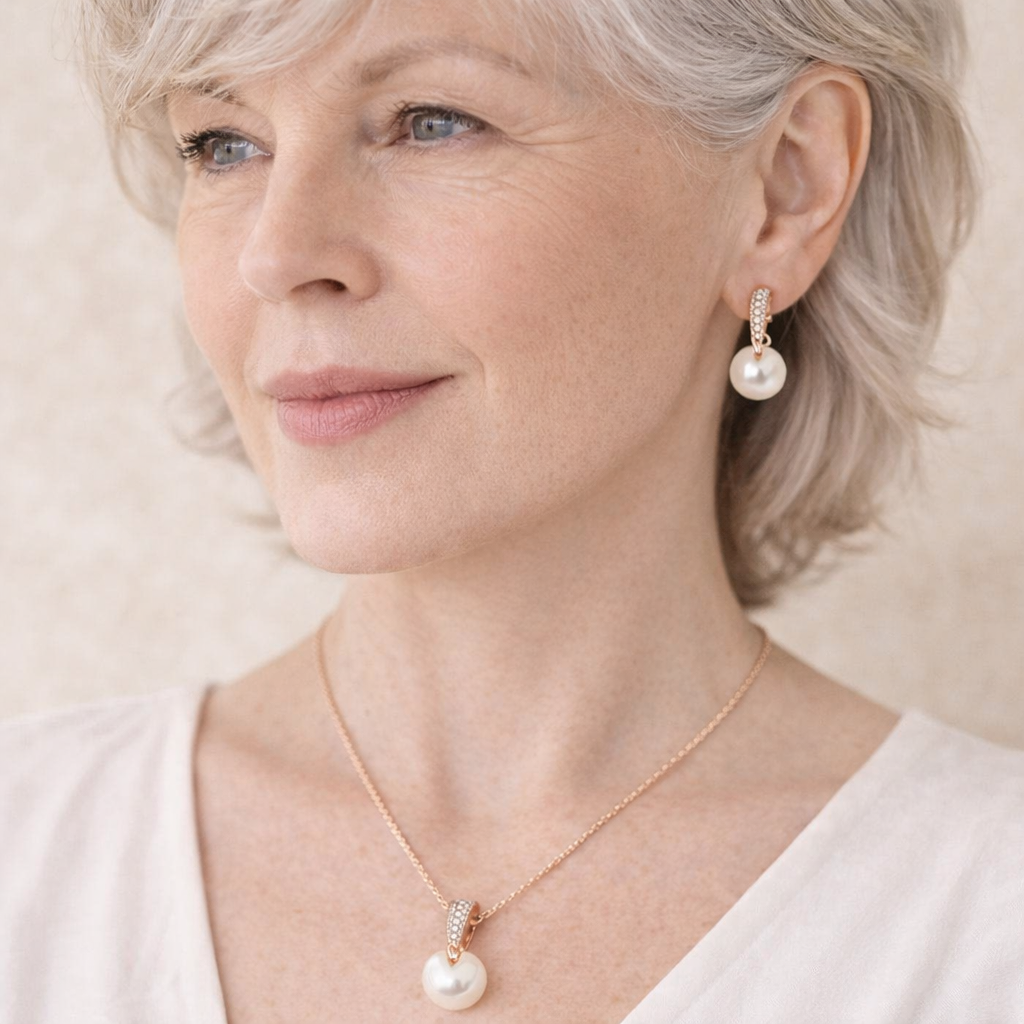 Rosa Guld Perle Smykkesæt Dame Halskæde og Øreringe Elegant Luksus