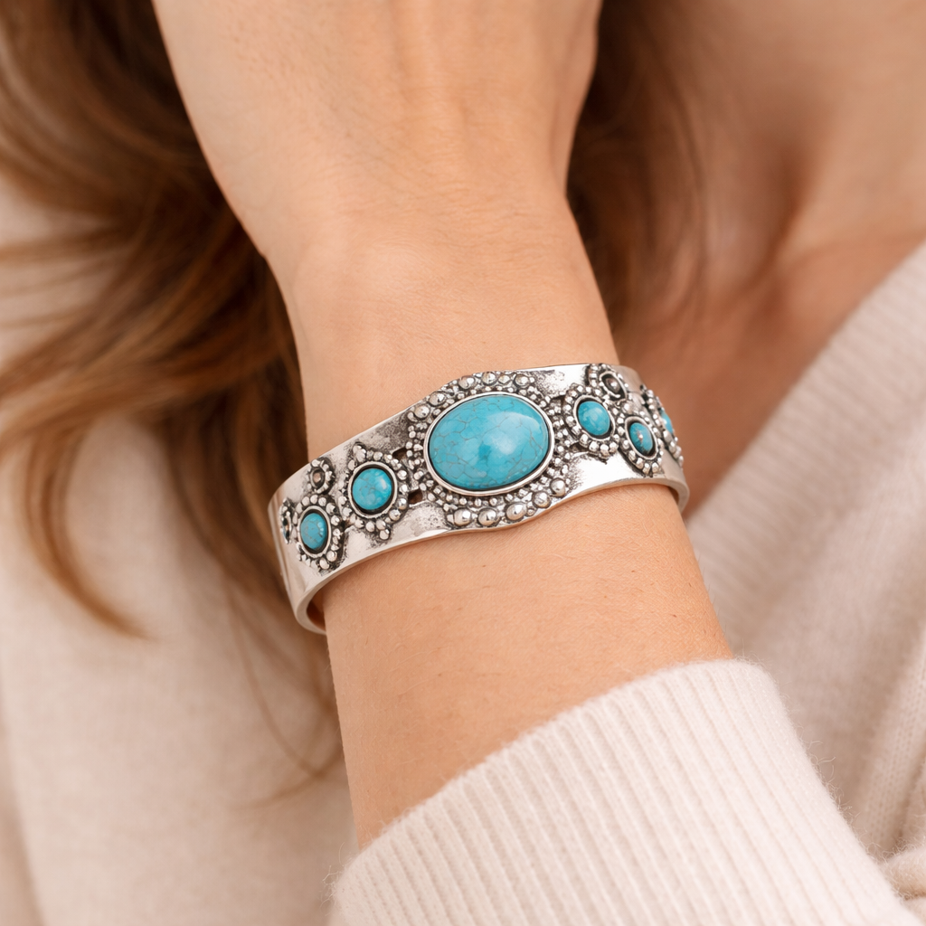 Sølv Cuff Armbånd med Turkis Dame Vintage Boheme Smykke