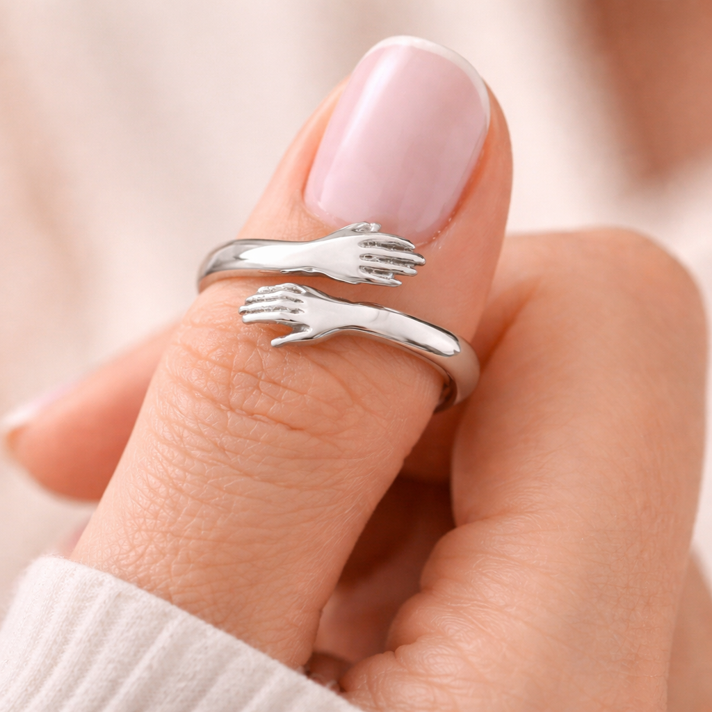 Sølv 925 Kram Ring med Hænder Justerbar Dame Smykke
