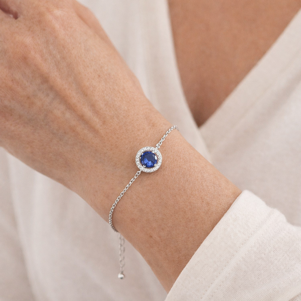 Sølv Armbånd Dame med Blå Safir Look og Zirkonia i Rustfrit Stål Justerbar