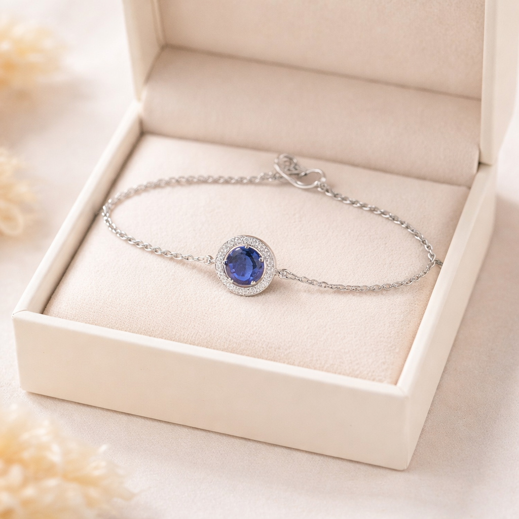 Sølv Armbånd Dame med Blå Safir Look og Zirkonia i Rustfrit Stål Justerbar