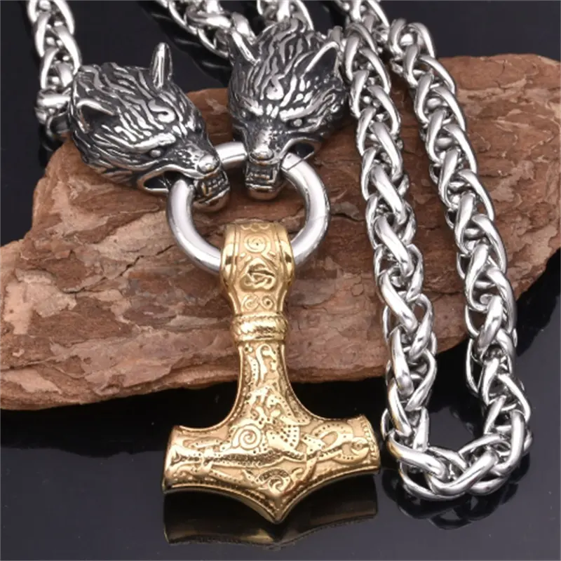 Herre Vintage Nordisk Zinklegering Viking Ulvehoved og Hammer Vedhæng Halskæde