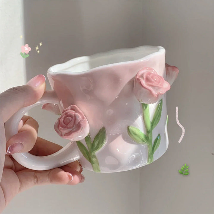 Håndmalet Keramisk Kaffe Kop med Blomsterdesign