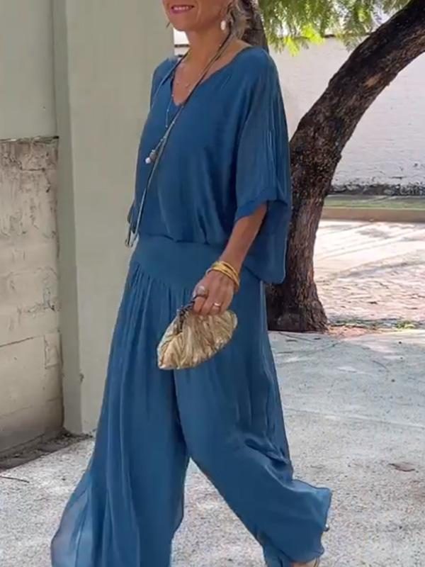 Olive | Kvinders V-hals Batwing Ærme Bred Ben Jumpsuit 2 Del