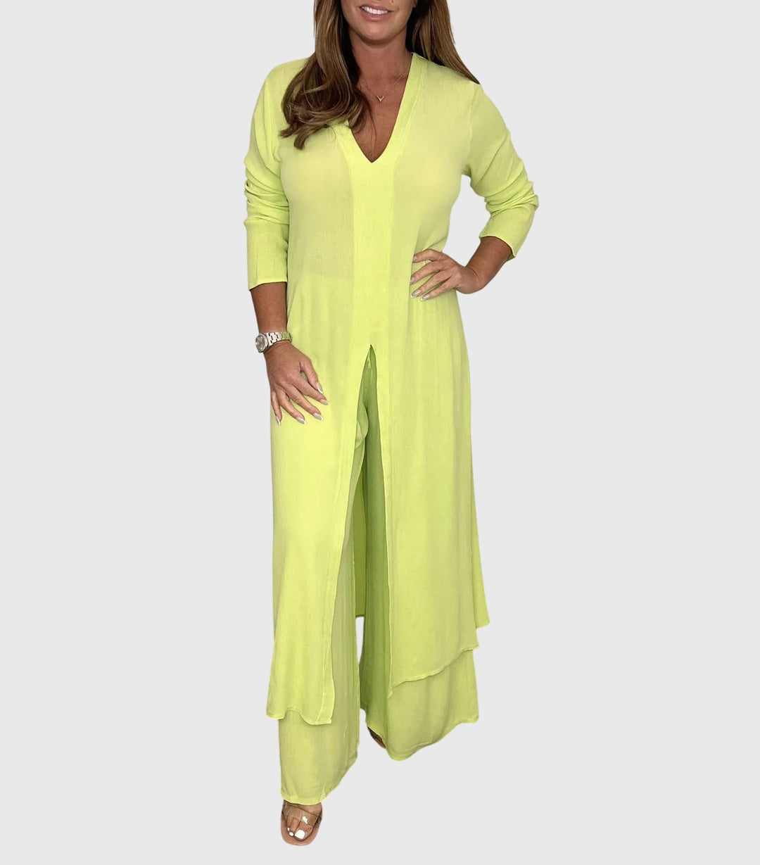Perle | Kvinders Duster Cardigan To-Delt Sæt Bred Ben Bukser