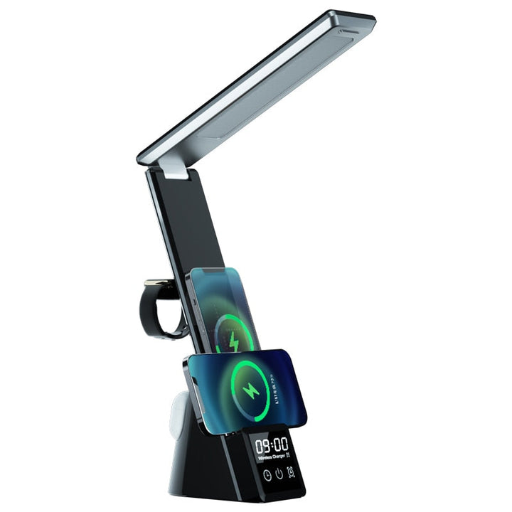 Multifunktionel LED Skrivebordslampe med Trådløs Oplader og Vækkeur