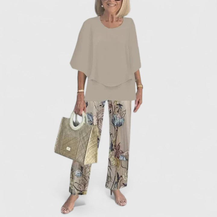 Fern | Kvinders afslappede blomsterprint top og brede bukser sæt