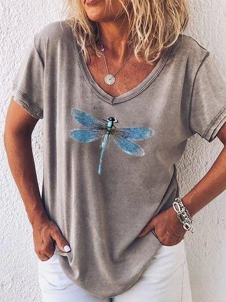 Luna | Kvinders Dragonfly Print V-Hals Kortærmet Casual T-shirt