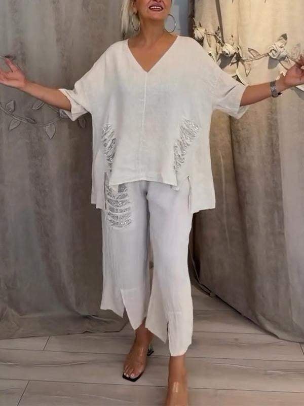 Perle | Kvinders Casual 2-delt Sæt V-Hals Top og Croppede Bukser