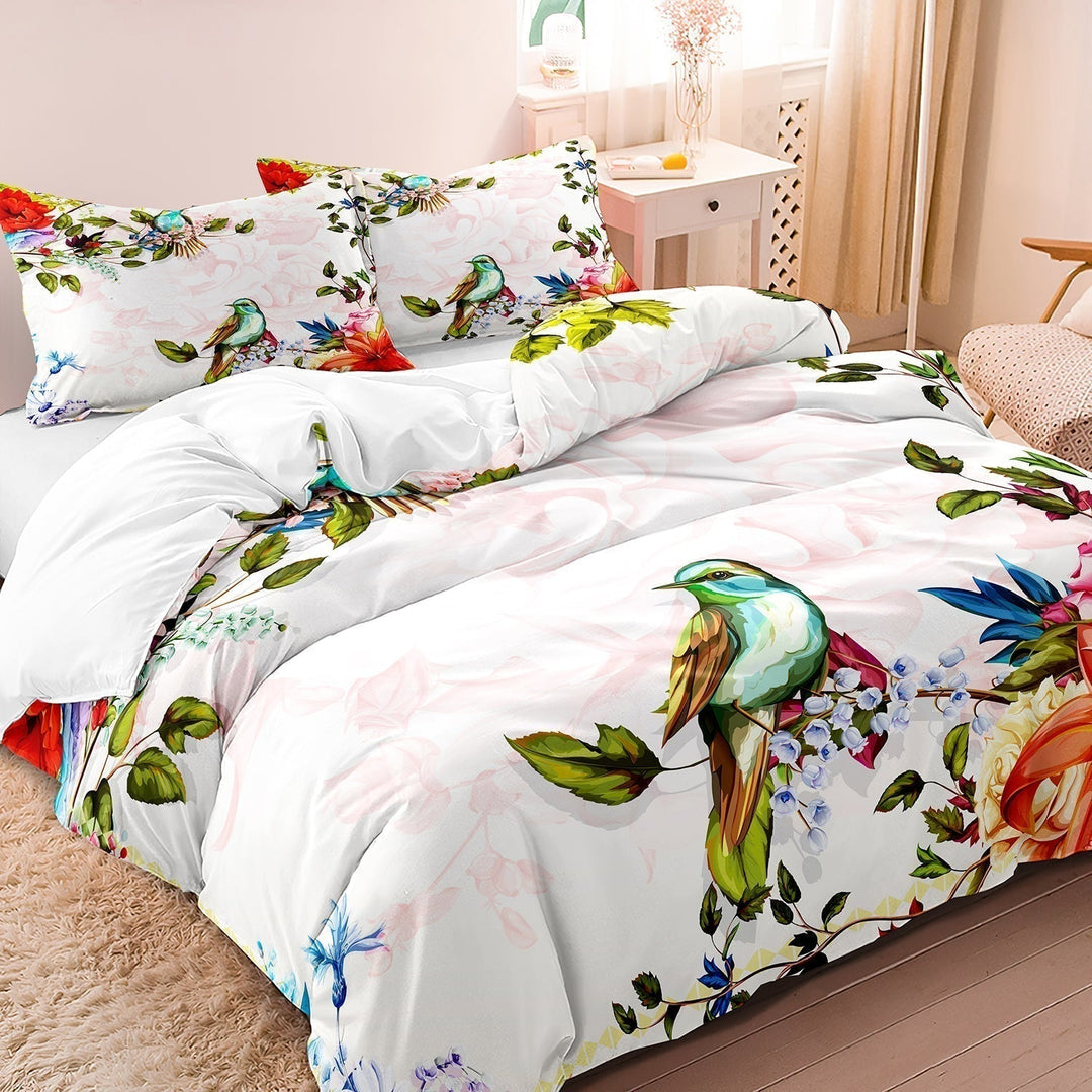 Blomster- og Fuglemønster Duvet Cover Sæt i 100% Bomuld