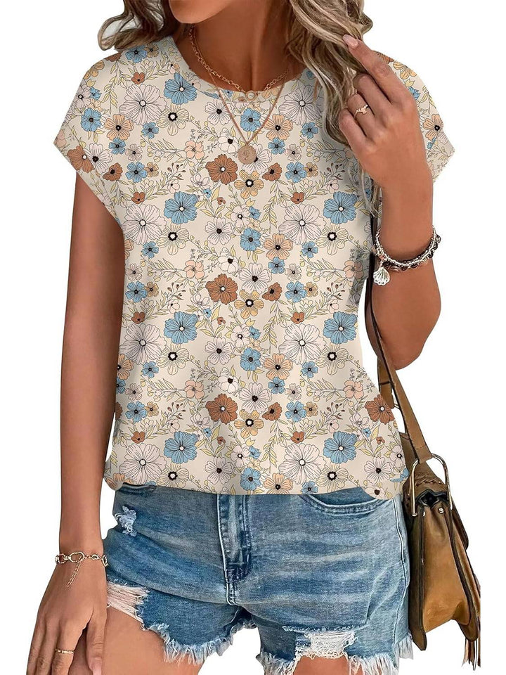 Eng | Kvinders Bladprint Crew Neck Kortærmet Casual Top