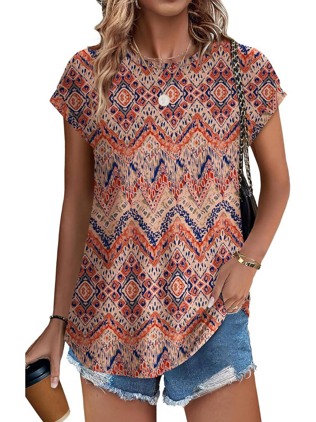 Eng | Kvinders Bladprint Crew Neck Kortærmet Casual Top