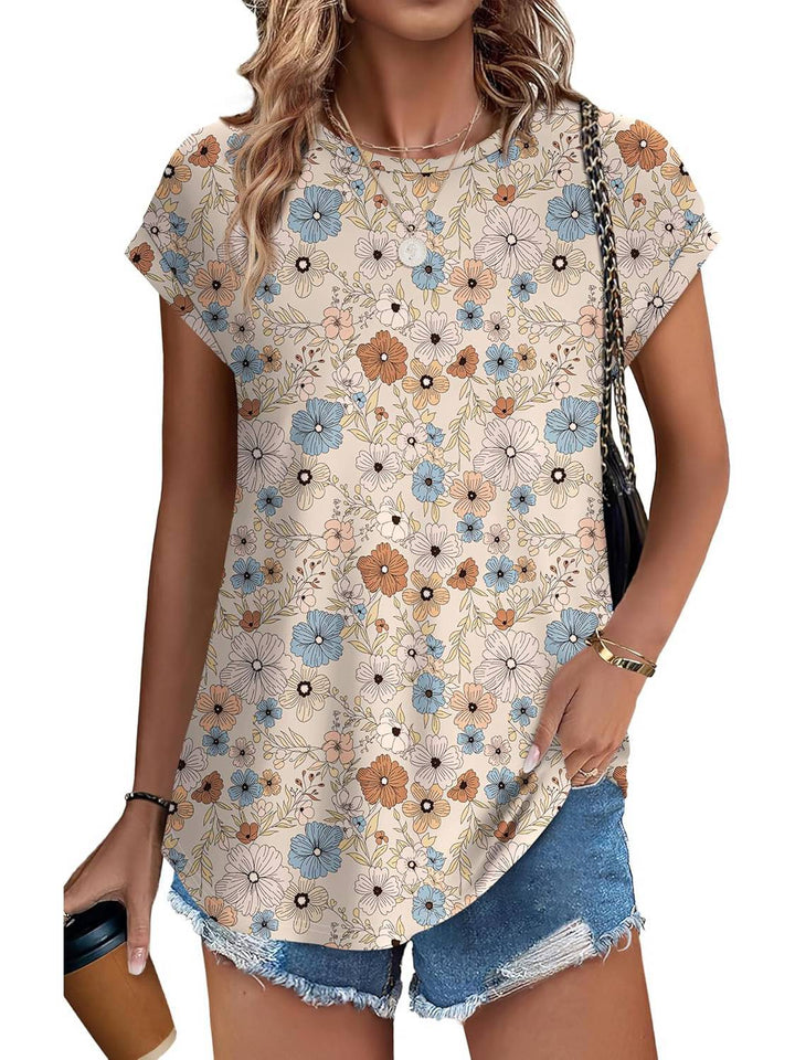 Eng | Kvinders Bladprint Crew Neck Kortærmet Casual Top