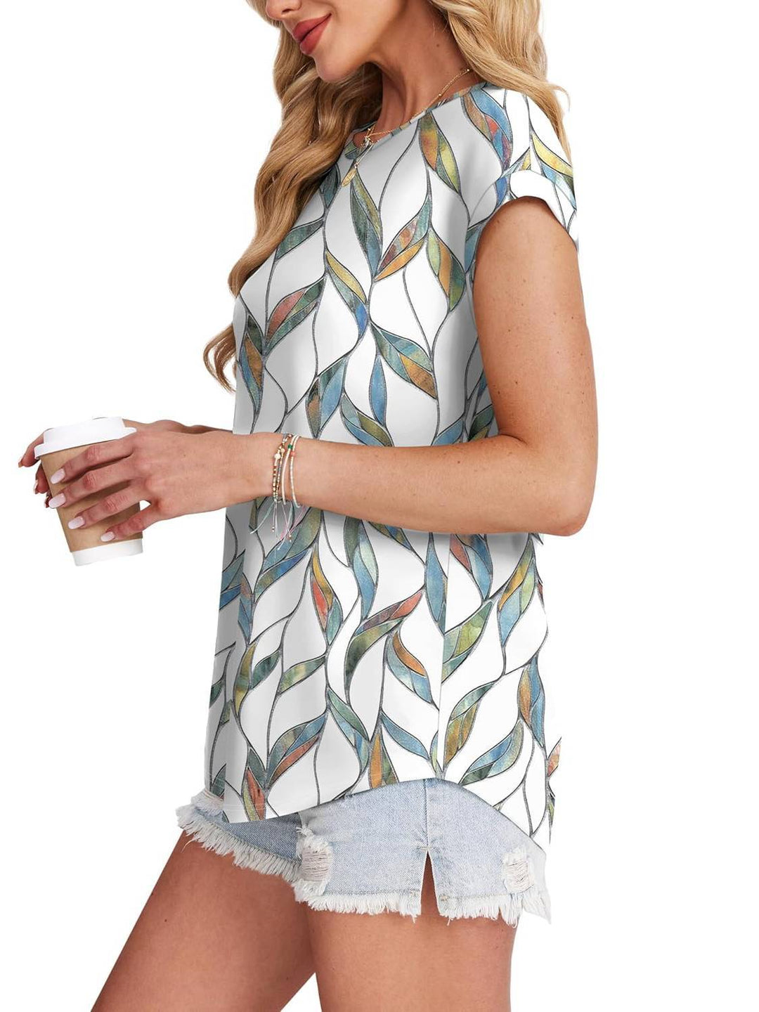 Eng | Kvinders Bladprint Crew Neck Kortærmet Casual Top