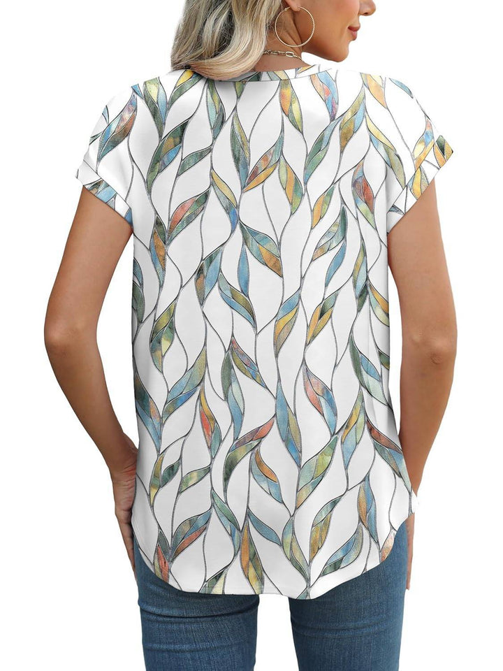Eng | Kvinders Bladprint Crew Neck Kortærmet Casual Top