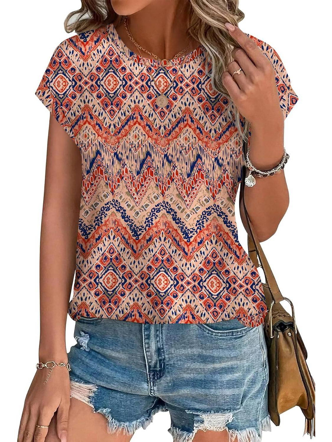 Eng | Kvinders Bladtryk Crew Neck Korte Ærmer Casual Top