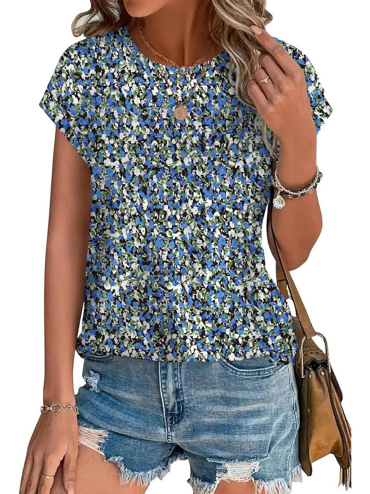 Eng | Kvinders Bladtryk Crew Neck Korte Ærmer Casual Top