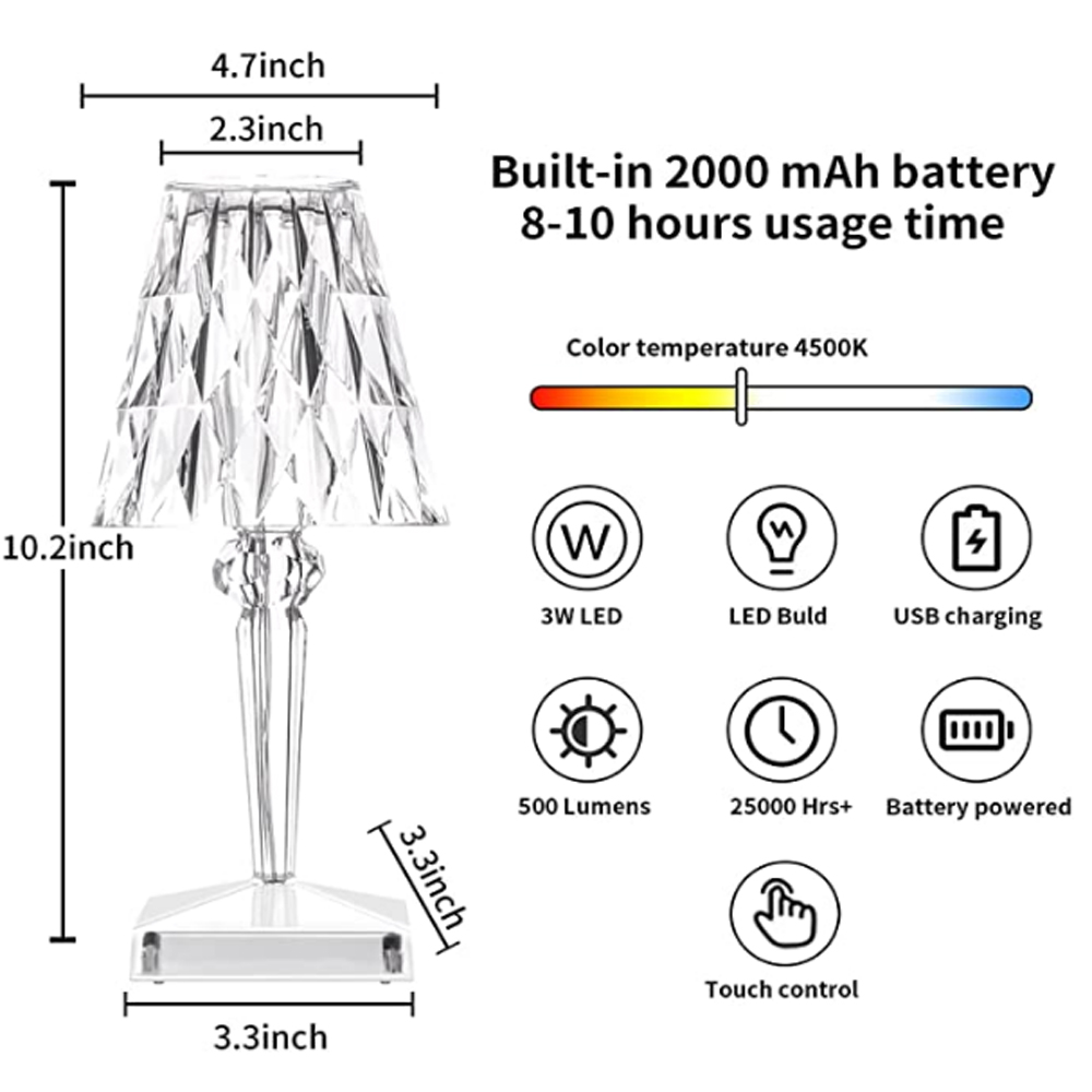 Berøringssensor Krystal Bordlampe med USB Genopladeligt Design