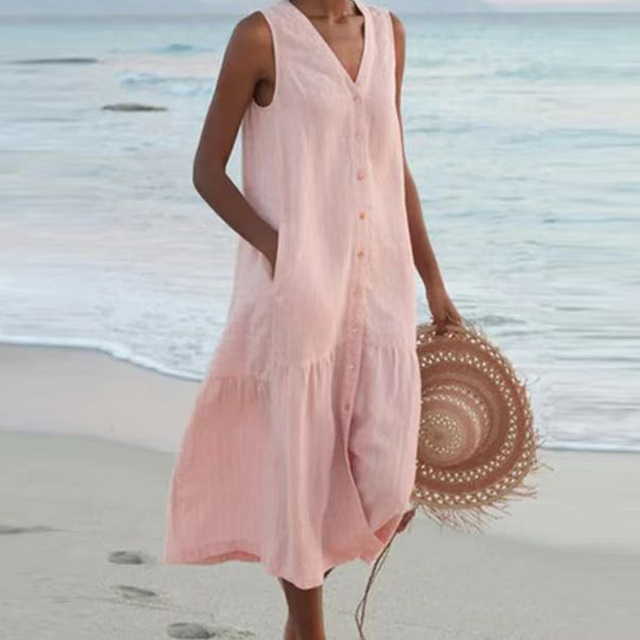 Barbara™ | Ærmeløs Knap Midi Kjole