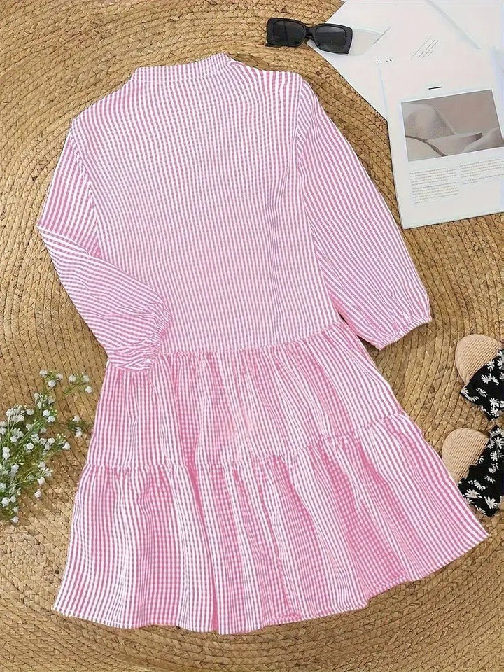 Rosie | Kvinders Gingham Print Knappet Mini Kjole 3/4 Ærmer