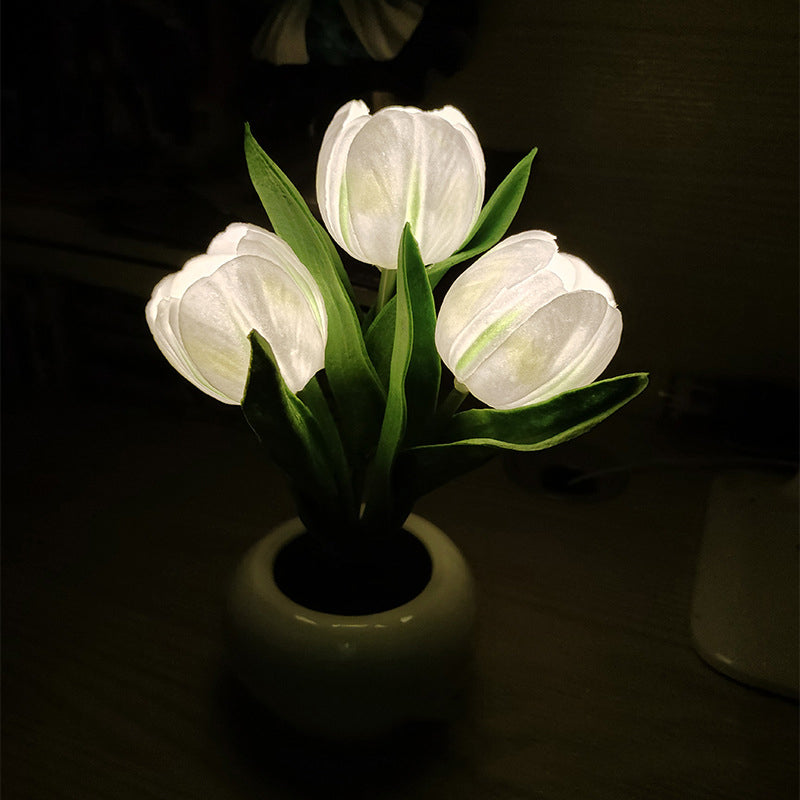 LED Tulipan Nattelys i Keramik med Blomstermotiv