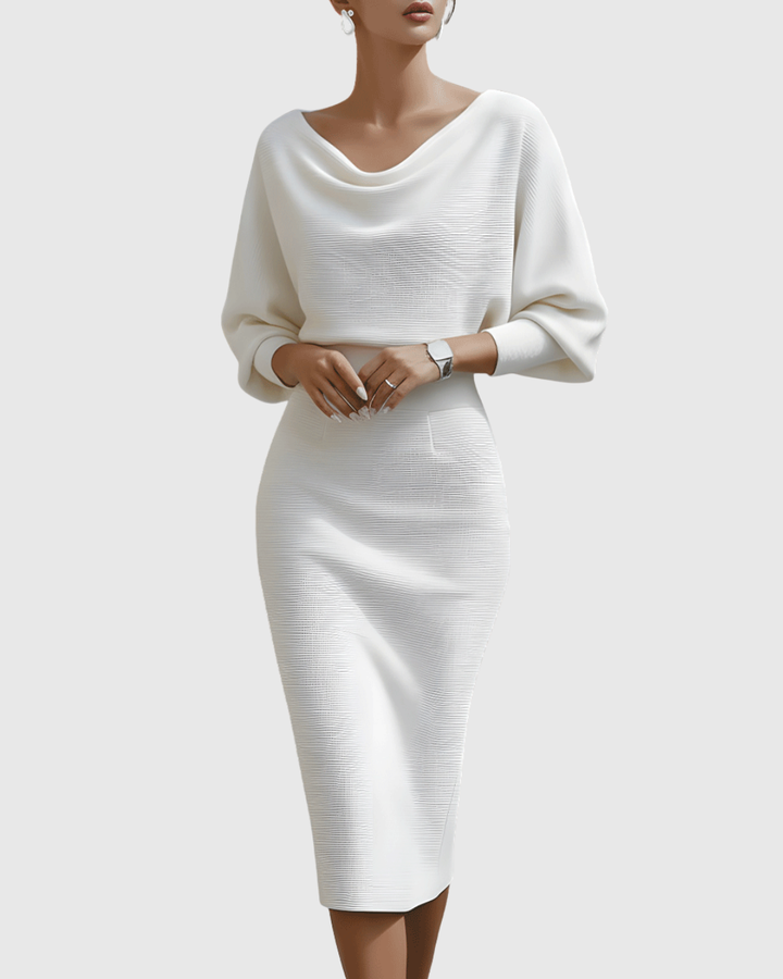 Vivienne | Kvinders Cowl Neck Batwing Ærme Ribbet Midi Kjole