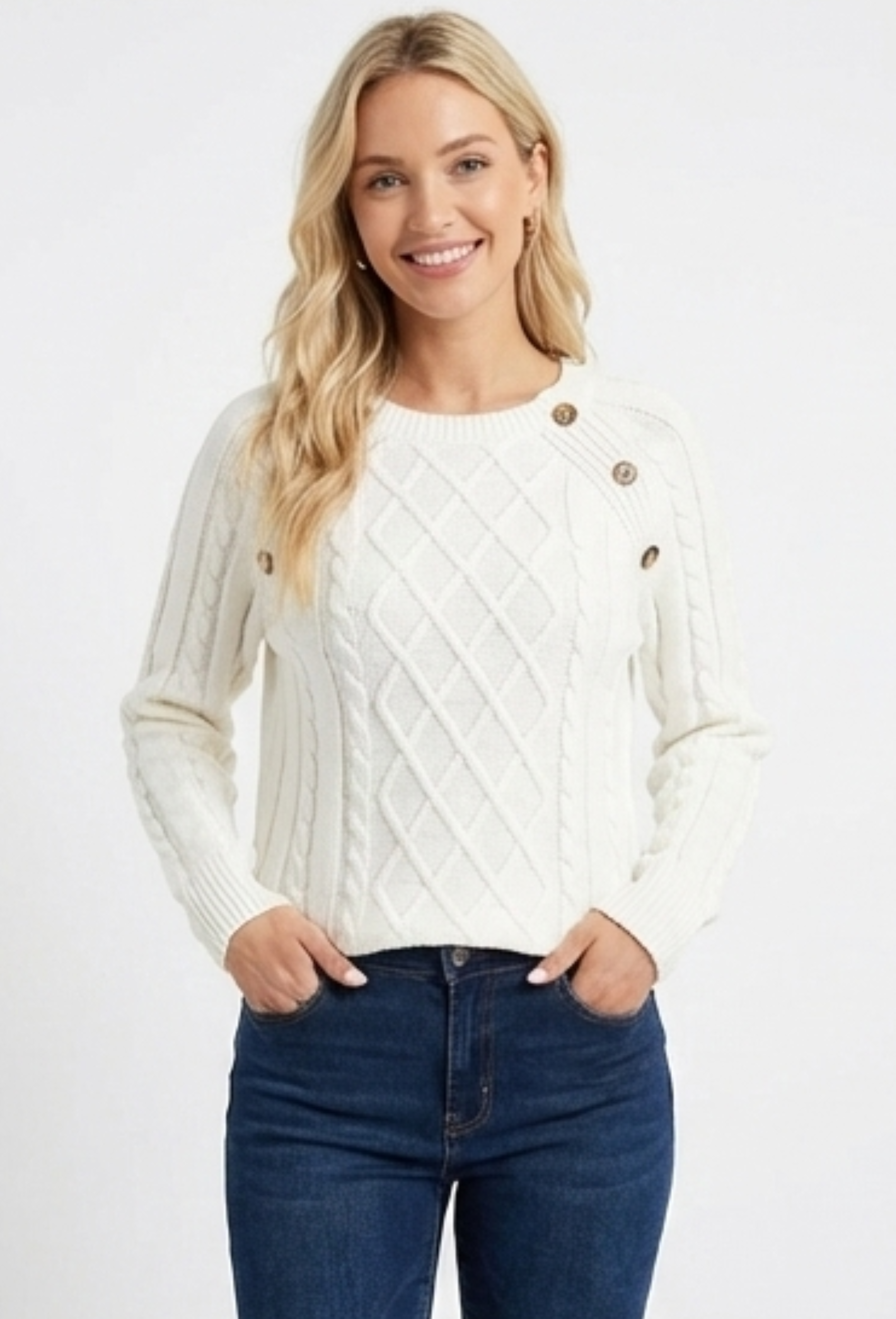 Emma | Klassisk Kabelstrik Trøje med Knappedetaljer – Komfortabel & Tidløs