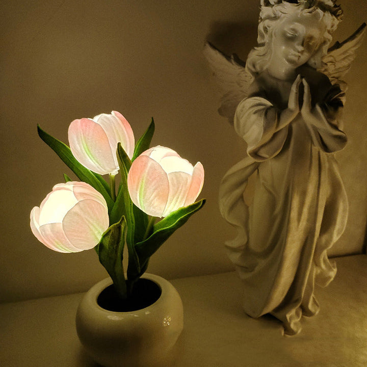 LED Tulipan Nattelys i Keramik med Blomstermotiv