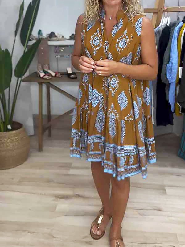 Zara | Kvinders Boho Print V-Hals Ærmeløs Lagdelt Mini Kjole