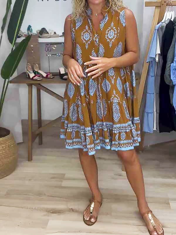 Zara | Kvinders Boho Print V-Hals Ærmeløs Lagdelt Mini Kjole
