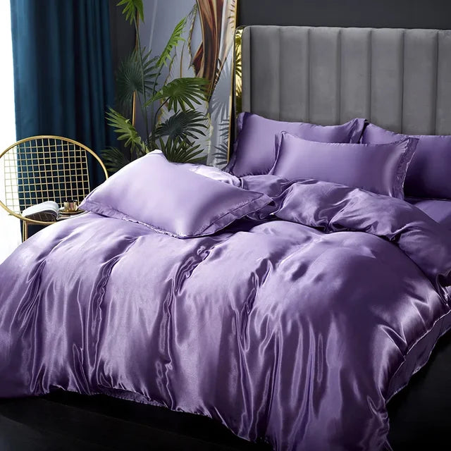 Luksus Silk Satin Sengetøj Sæt med Dynebetræk og Pudebetræk