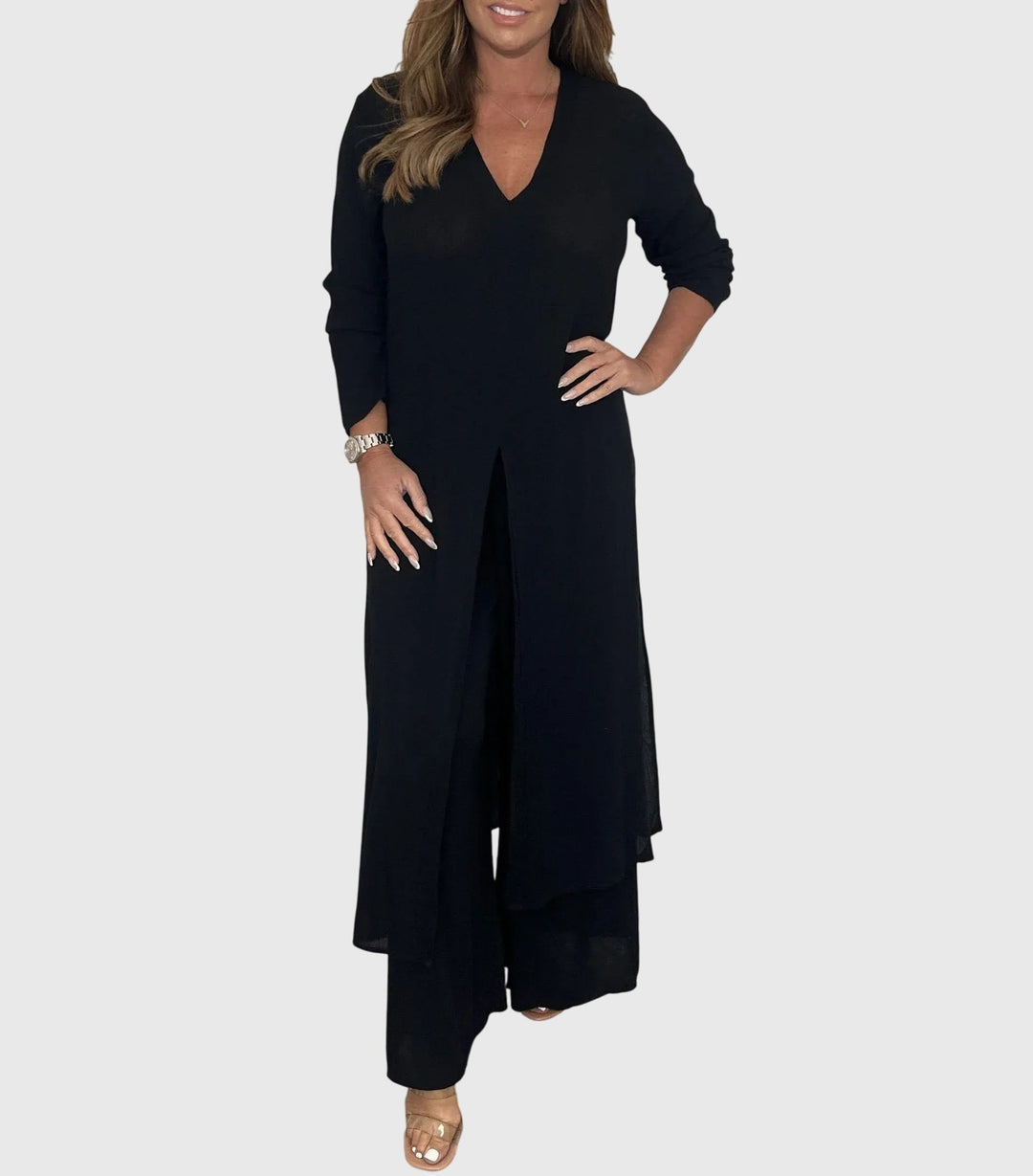 Perle | Kvinders Duster Cardigan To-dels Sæt Bred Ben Bukser