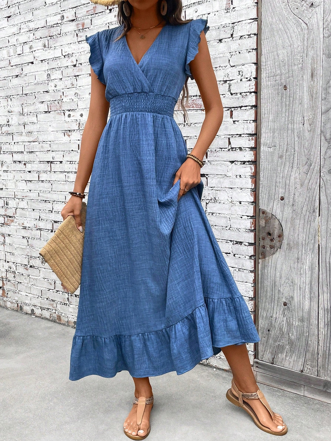 Luna | Kvinders V-Hals Smocked Talje Ruffle Hem Maxi Kjole