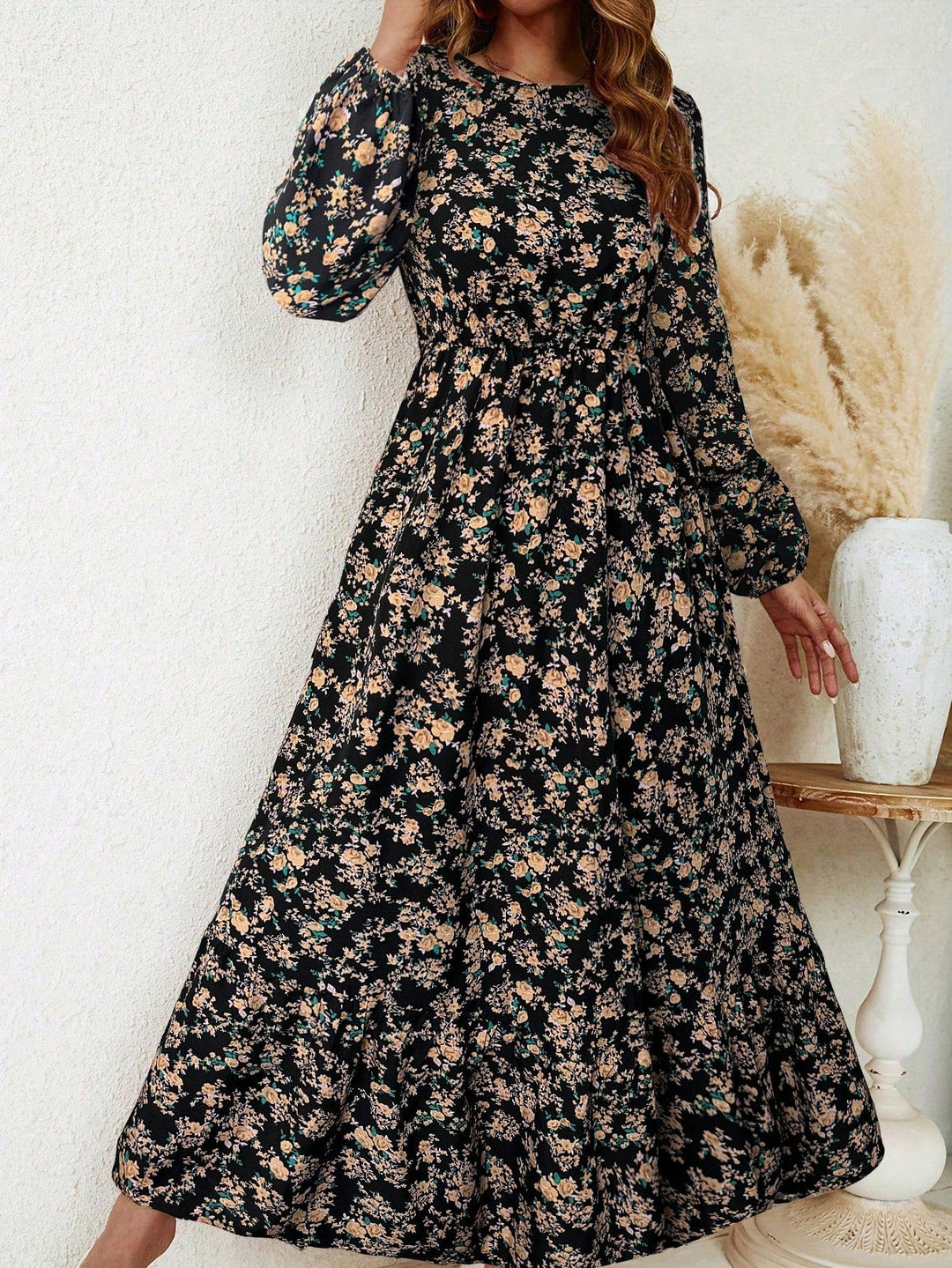 Flora | Kvinders Blomsterprint Biskopærme Smocked Talje Maxi Kjole