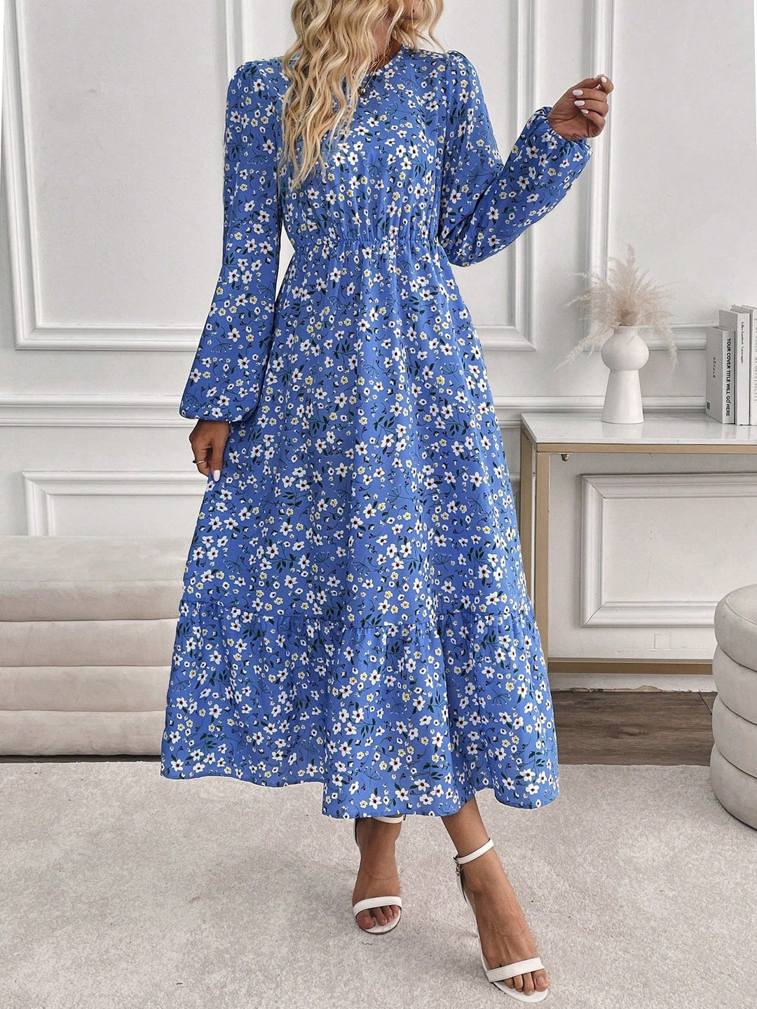 Flora | Kvinders Blomsterprint Biskopærme Smocked Talje Maxi Kjole