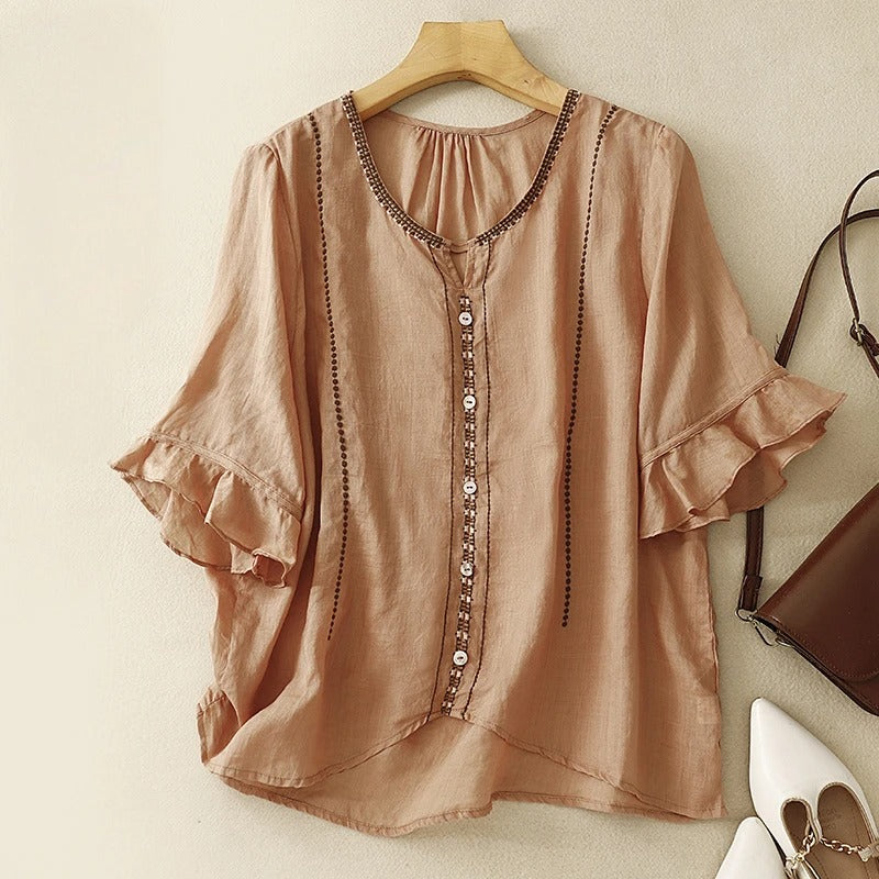 Gia™ | Mønstret Bluse med Flæseærmer