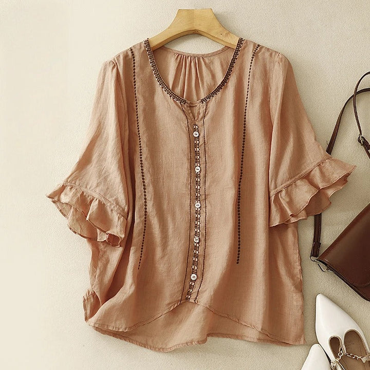 Gia™ | Mønstret Bluse med Flæseærmer