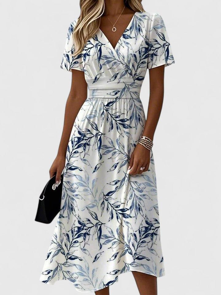 Flora | Kvinders Blomsterprint Wrap V-Hals Flutter Ærme Midi Kjole