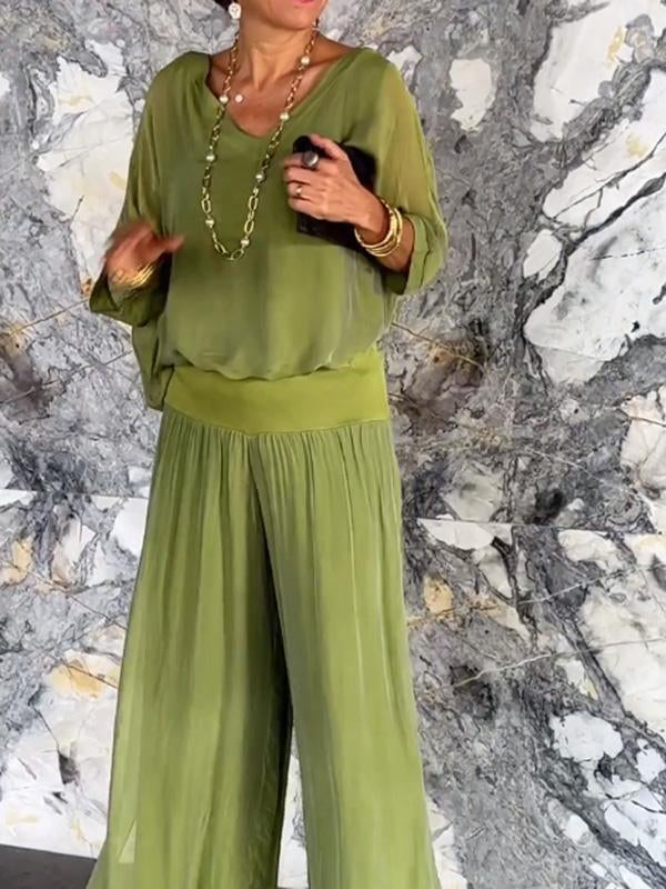 Olive | Kvinders V-Hals Batwing Ærme Bred Ben Jumpsuit 2 Delt