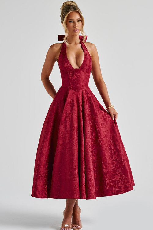 Genevieve™ | V-hals Halterneck Ærmeløs Jacquard Maxi Kjole