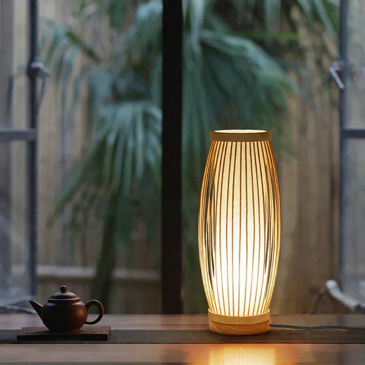 Japansk Håndlavet Bambus Bordlampe med Blødt Hvidt Lys